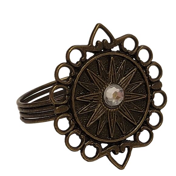 Medallion Napkin Rings Set of 4 Pewter‎ Bronze Tone Faux Gem Steampunk Starburst - Picture 2 of 6